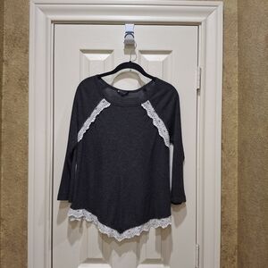 Women's Black and White Lace Trim Top